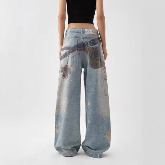 Pantalones Anchos Estilo Retro Americano con Estampado 3D Lavado - Image 2