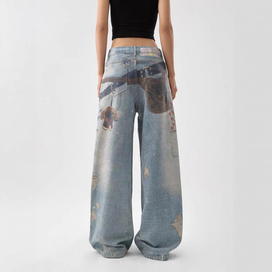 Pantalones Anchos Estilo Retro Americano con Estampado 3D Lavado - Image 2