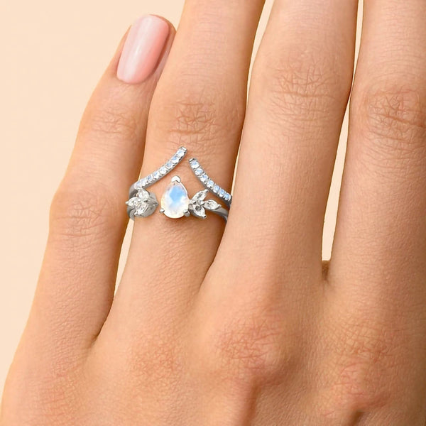 Anillo Doble de Plata 925 con Piedra de Luna y Diamantes