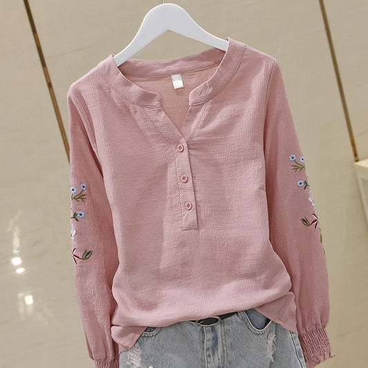 Blusa de Algodón con Escote V y Bordado Plisado Manga Larga - Image 2