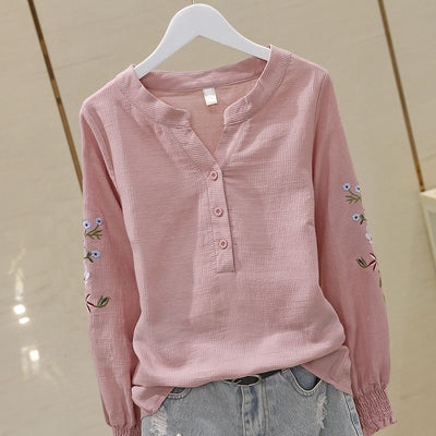 Blusa de Algodón con Escote V y Bordado Plisado Manga Larga - Image 2