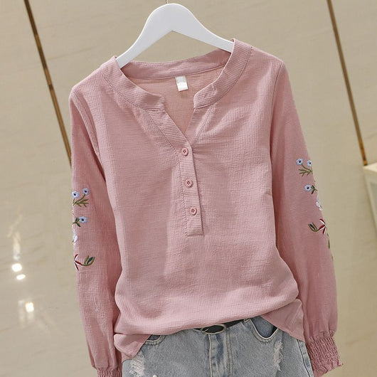 Blusa de Algodón con Escote V y Bordado Plisado Manga Larga - Image 2