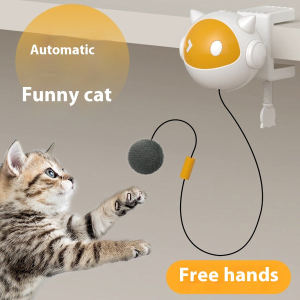White and yellow electric cat toy with a telescopic string and a grey fluffy ball, designed to clamp onto surfaces.