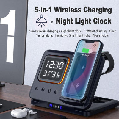 Estación de Carga Inalámbrica 15W 5 en 1 con Reloj Despertador LED Digital