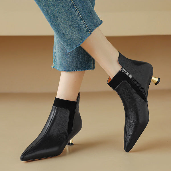 Botines de Cuero Genuino con Tacón Kitten y Punta Afilada