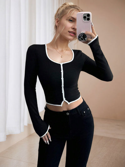 Blusa Crop Top Ajustada de Manga Larga para Otoño e Invierno - Image 12