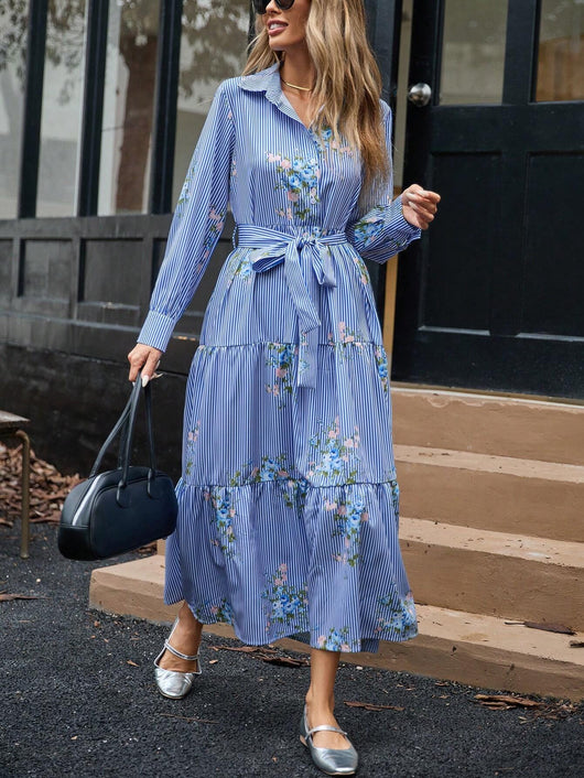 Vestido Camisero Largo con Estampado de Flores a Rayas - Image 5