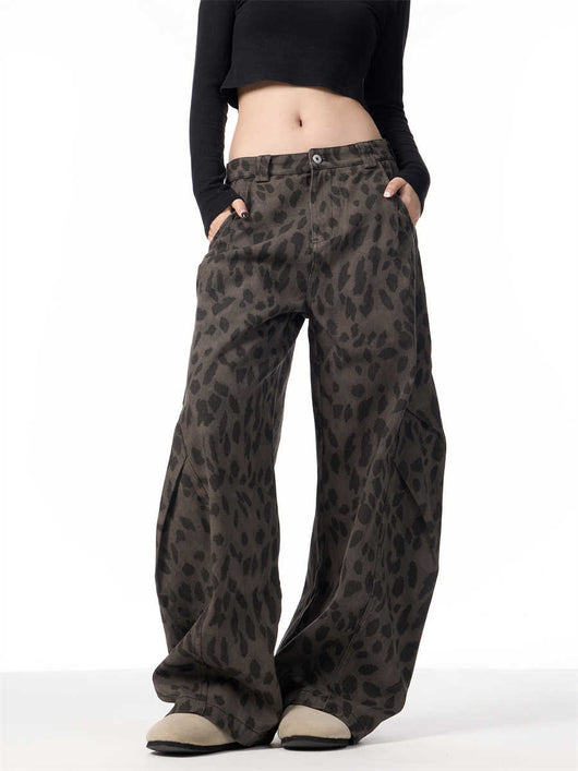 Pantalones Jeans Leopardo Retro Mujer Cintura Alta Pierna Ancha - Image 3