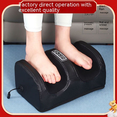 Person using a red and black electric foot massager with four control buttons for power, rotation, intensity, and heat. - Image 5