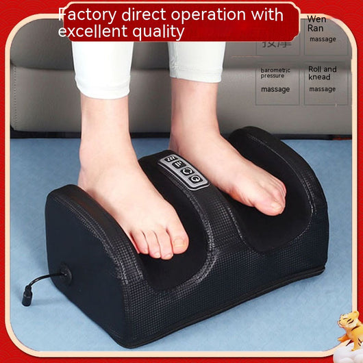 Person using a red and black electric foot massager with four control buttons for power, rotation, intensity, and heat. - Image 5
