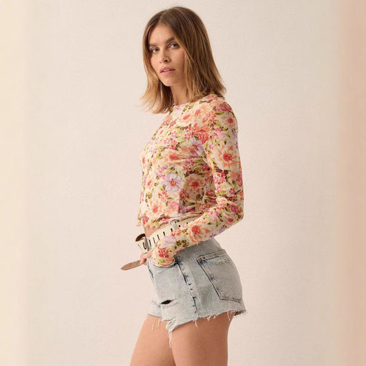 Blusa Elegante de Malla Floral Cuello Redondo Manga Larga Ajustada - Image 4