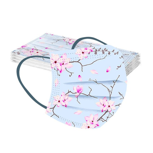 Stack of disposable facial masks with a watercolor floral pattern of red, pink, and orange roses and green leaves. - Image 2