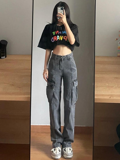 Jeans de Trabajo Gris Vintage con Bolsillos Funcionales para Mujer - Image 10