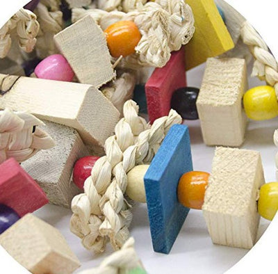 Colorful bird toy made of natural wood blocks, beads, and corn husk strips, with a red and green macaw. - Image 3