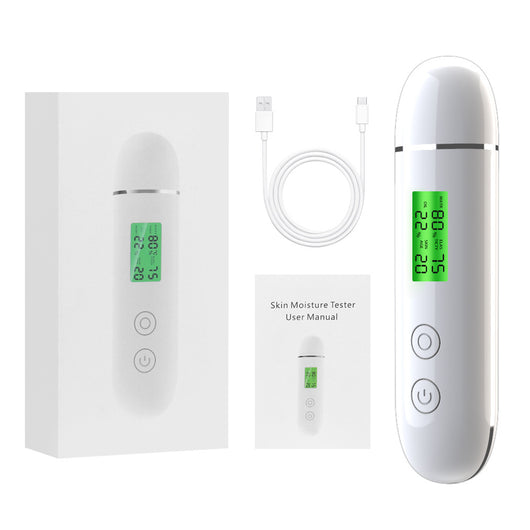 White rechargeable smart facial skin tester with green digital display, USB-C charging cable, and user manual. - Image 7