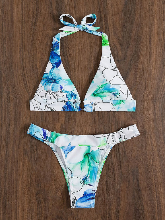 Bikini Estampado Floral con Cordones y Abertura Lateral