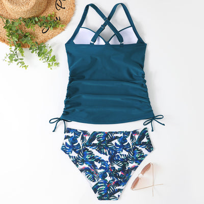 Black women's tankini swimwear set with criss-cross straps, ruched sides, and high-waisted bikini bottoms. - Image 9