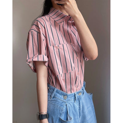 Camisa Retro de Rayas con Solapa Literaria, Manga Corta Suelta y Ligera - Image 3