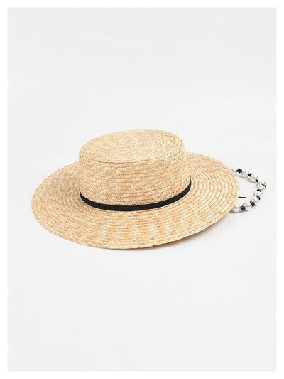 Sombrero de Paja Plano con Cadena de Perlas - Protección Solar Elegante - Image 3