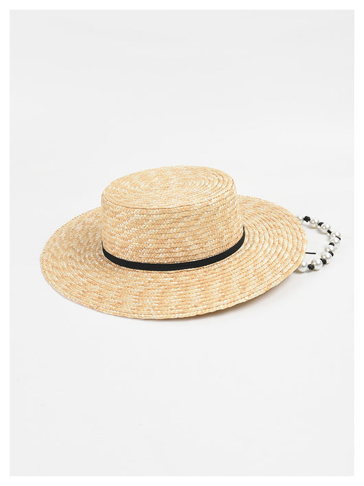 Sombrero de Paja Plano con Cadena de Perlas - Protección Solar Elegante - Image 3