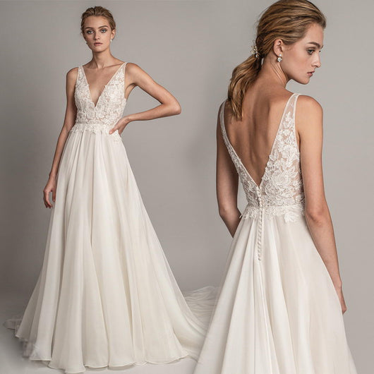 Vestido de Novia Elegante con Escote en V y Encaje para Ceremonia Civil - Image 6
