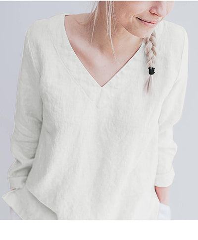 Blusa de Lino Puro Cuello V Manga Larga para Mujer - Image 6
