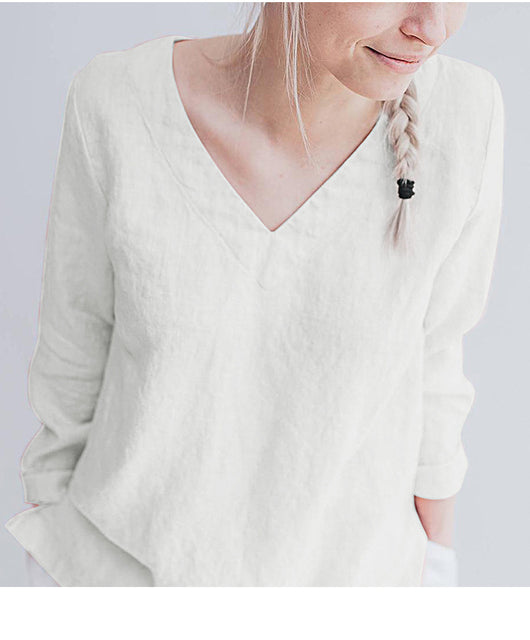 Blusa de Lino Puro Cuello V Manga Larga para Mujer - Image 6