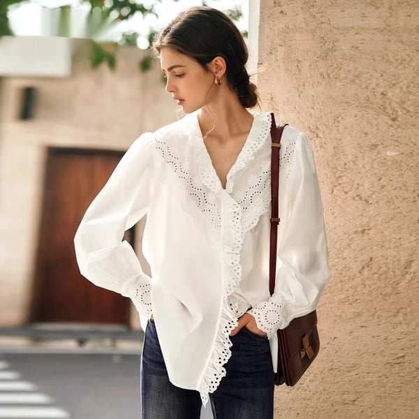 Blusa Blanca de Encaje Estilo Francés con Manga Larga para Mujer