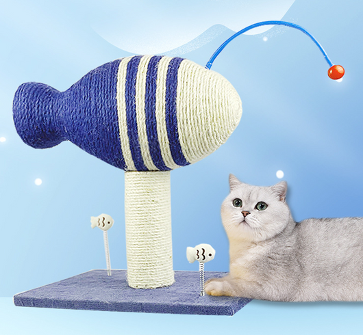 Blue and white striped fish-shaped sisal cat scratching post with a purple base, next to a black and white cat. - Image 6