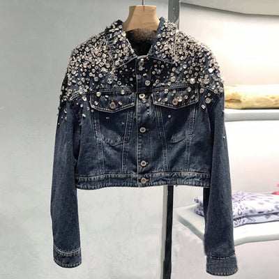 Chaqueta Denim Suelta con Cuentas y Diamantes de Manga Larga - Image 3