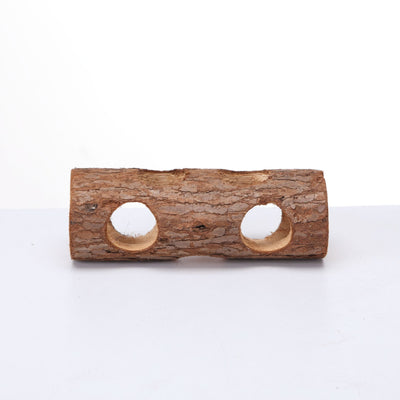 Natural solid wood pipe with bark texture and multiple holes, serving as a chew toy or hideout for small pets. - Image 2