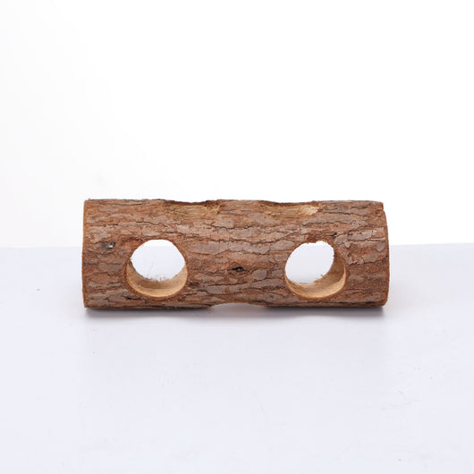 Natural solid wood pipe with bark texture and multiple holes, serving as a chew toy or hideout for small pets. - Image 2