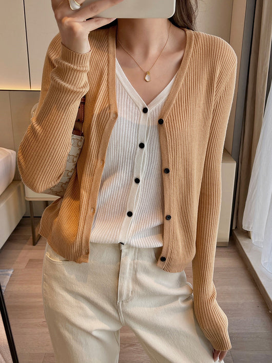 Cardigan Tejido Falsa Dos Piezas Mujer Cuello V Manga Larga - Image 29
