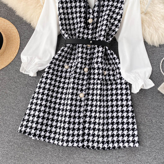 Vestido Houndstooth con Tirantes y Mangas Puff - Image 22