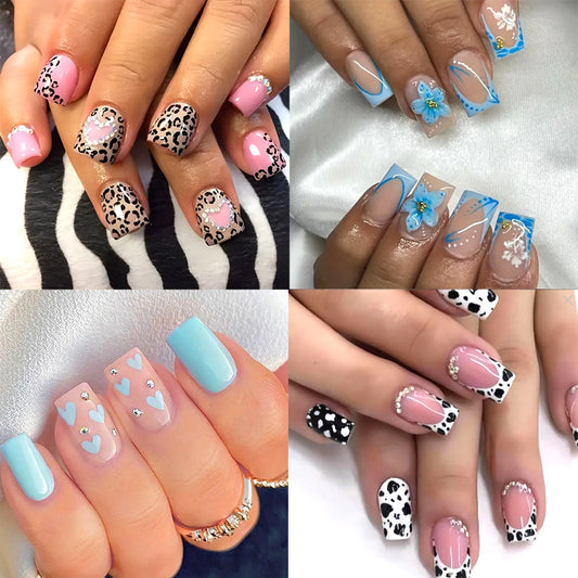 Set de 24 Uñas Postizas con Diseños de Mariposas, Flores y Estampado Vaca con Cristales - Image 2