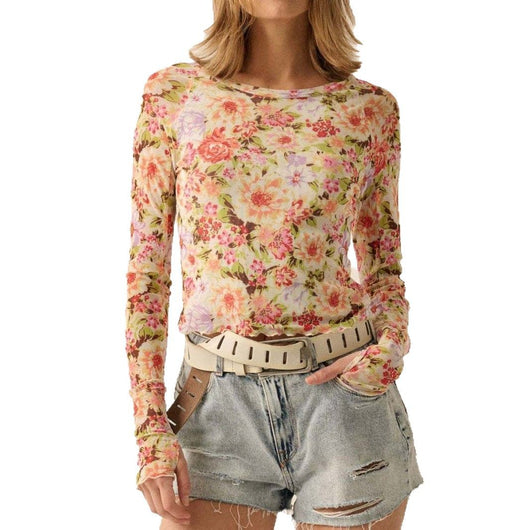 Blusa Elegante de Malla Floral Cuello Redondo Manga Larga Ajustada - Image 5