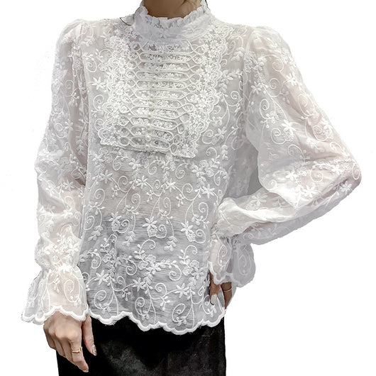 Blusa de Encaje con Cuello Semialto y Mangas Farol - Image 5
