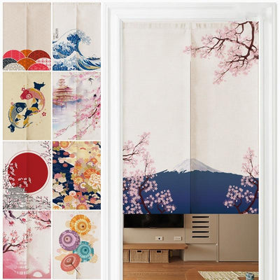 Japanese style noren door curtain with two red and blue Ukiyo-e koi fish on a cream wave pattern background. - Image 25