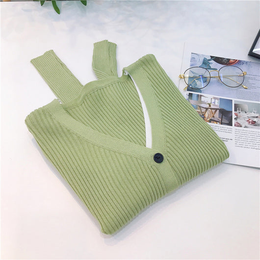 Cardigan Tejido Falsa Dos Piezas Mujer Cuello V Manga Larga - Image 62
