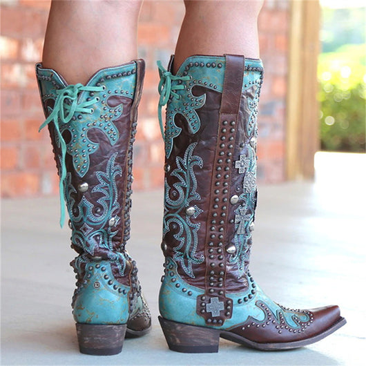 Botas Medianas con Tacón Grueso, Bordado y Cordones para Mujer - Image 11