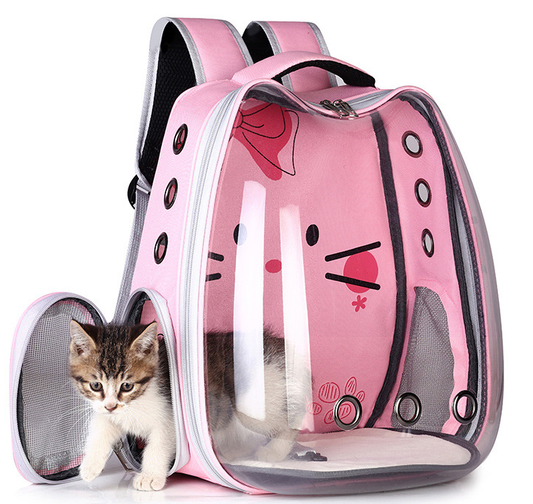 Light blue pet carrier backpack with a clear bubble window and a cartoon cat face design, featuring mesh sides.