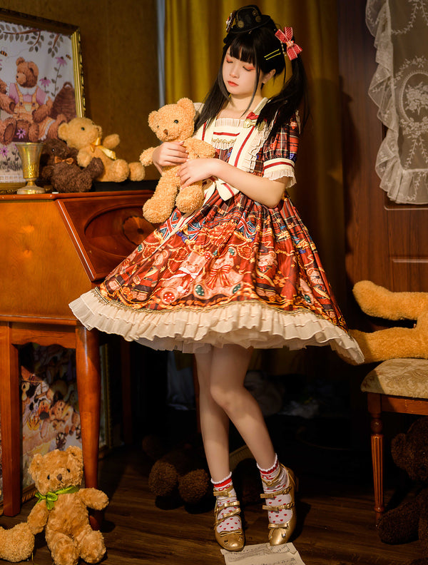 Vestido Corto British Knight Bear Manga Corta para Verano