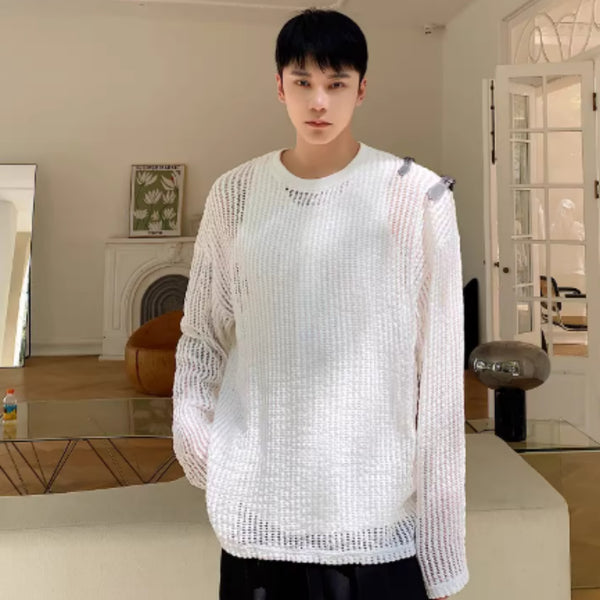 Playera Manga Larga Hombre Diseño Hombro Descubierto con Detalles de Cuero