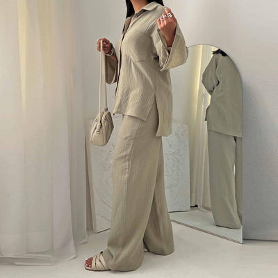 Conjunto de Moda Otoñal: Blusa Champray Manga Larga y Pantalón Wide Leg Cintura Alta - Image 2