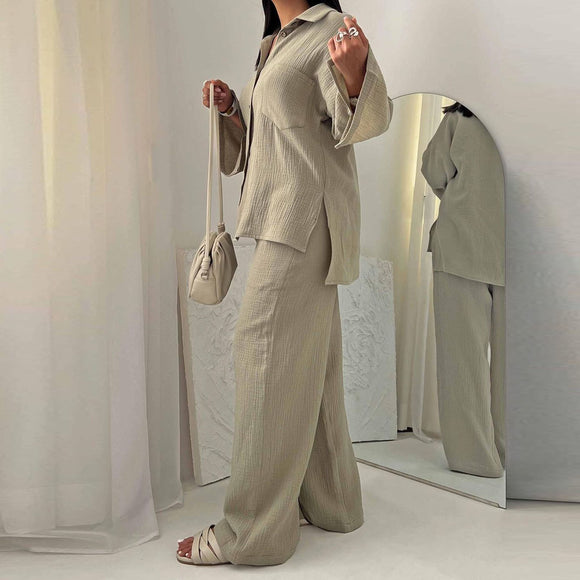 Conjunto de Moda Otoñal: Blusa Champray Manga Larga y Pantalón Wide Leg Cintura Alta