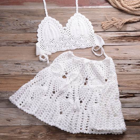 Light beige crochet bikini set with a halter crop top and a matching open-knit mini skirt with tassels. - Image 38