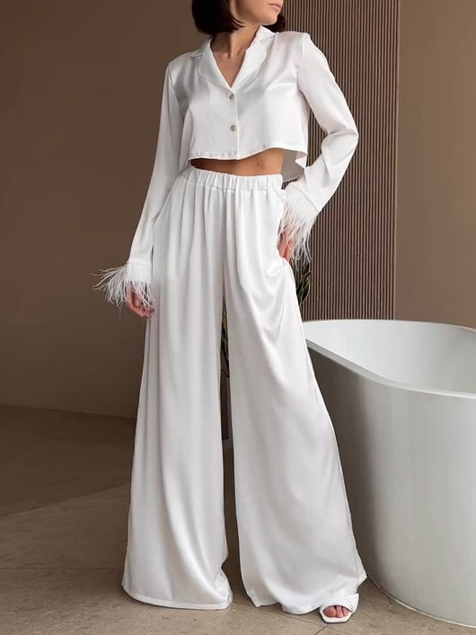Conjunto Elegante de Blusa Manga Larga y Pantalón Ancho Cintura Alta - Image 5