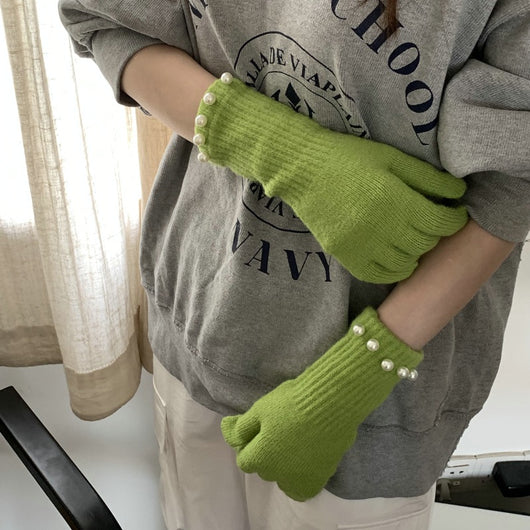 Guantes Tejidos Cálidos con Perlas en Colores Sólidos - Image 5