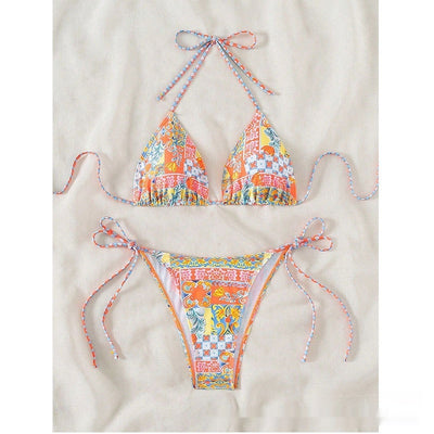 Female creative minimally printed split bikini set with a vibrant bohemian pattern and tie-side bottoms. - Image 6