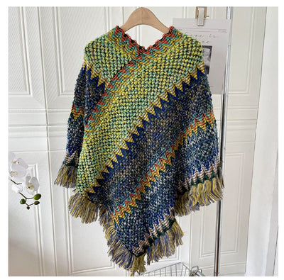 Poncho Tejido Étnico Mohair con Flecos - Capa Pullover para Mujer - Image 13